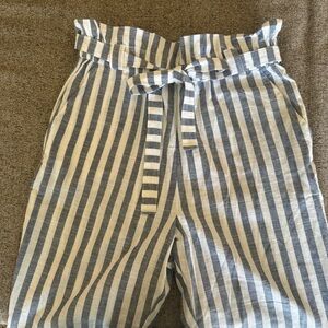 Derek Heart Striped Blue and White Paperbag Tie Waist Cotton Pants